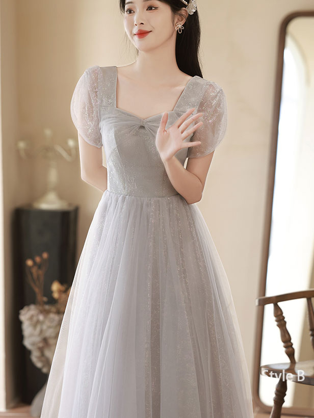 Gray A-Line Shimmery Tulle Bridesmaids Maxi Wedding Party Dress