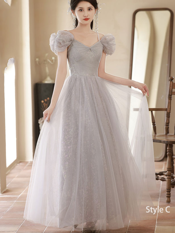 Gray A-Line Shimmery Tulle Bridesmaids Maxi Wedding Party Dress