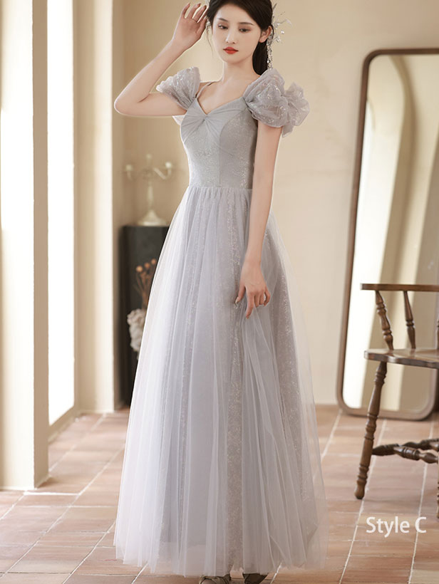 Gray A-Line Shimmery Tulle Bridesmaids Maxi Wedding Party Dress