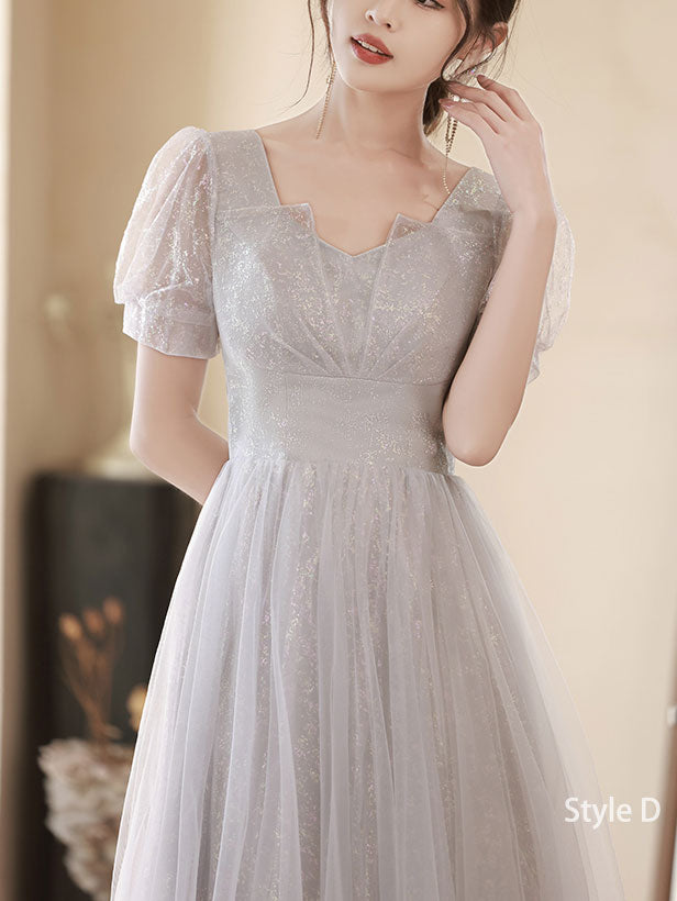 Gray A-Line Shimmery Tulle Bridesmaids Maxi Wedding Party Dress