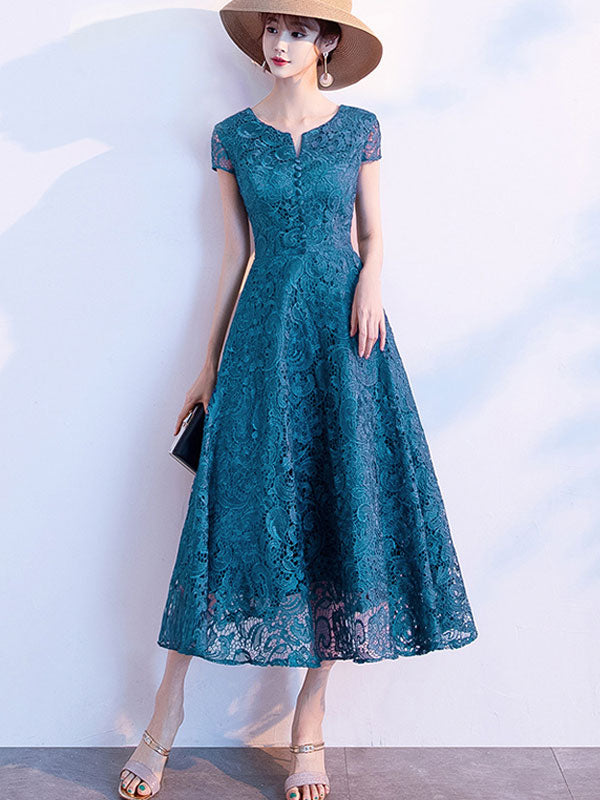 Black Blue Lace Midi A-Line Prom Dress - IMALLURE XL / Lake Blue Black Blue Lace Midi A-Line Prom Dress - IMALLURE XL / Lake Blue