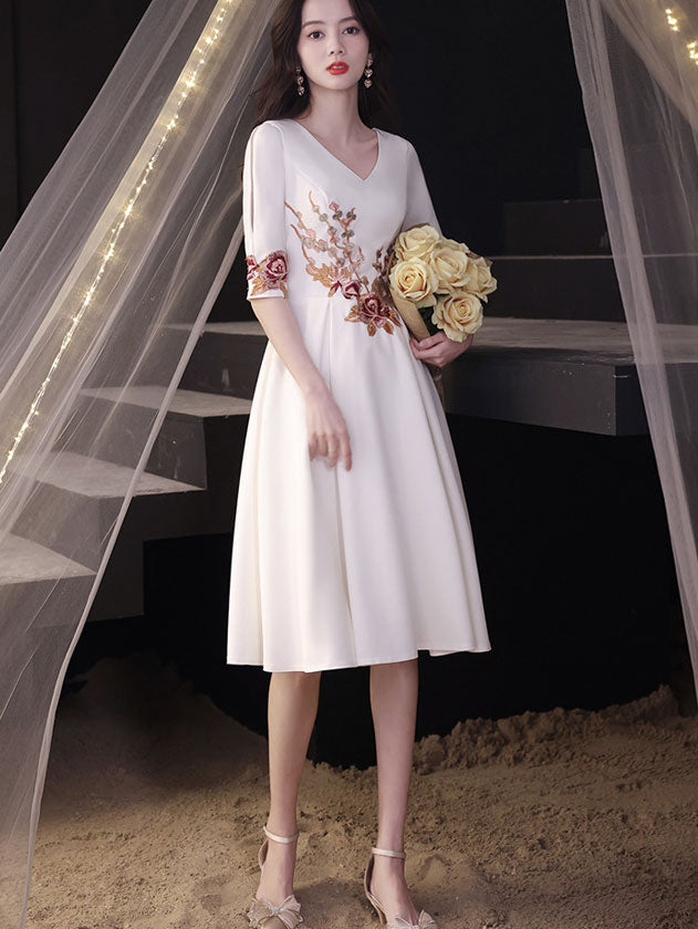 White Appliques Fit & Flare V Neck Midi Dress