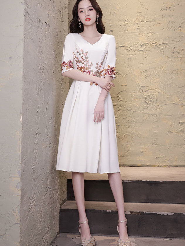 White Appliques Fit & Flare V Neck Midi Dress