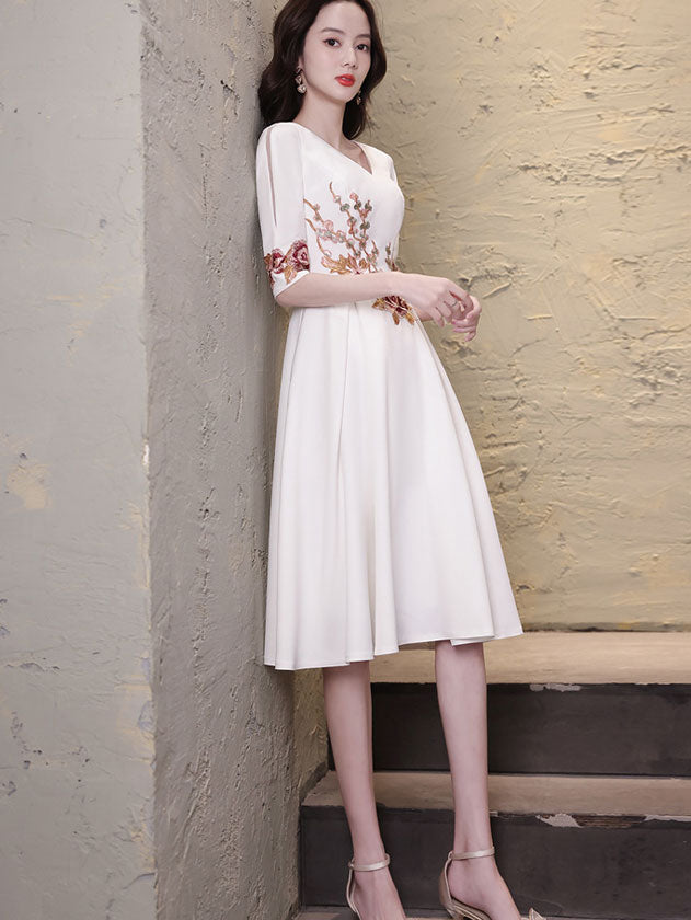 White Appliques Fit & Flare V Neck Midi Dress