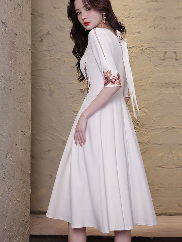 White Appliques Fit & Flare V Neck Midi Dress