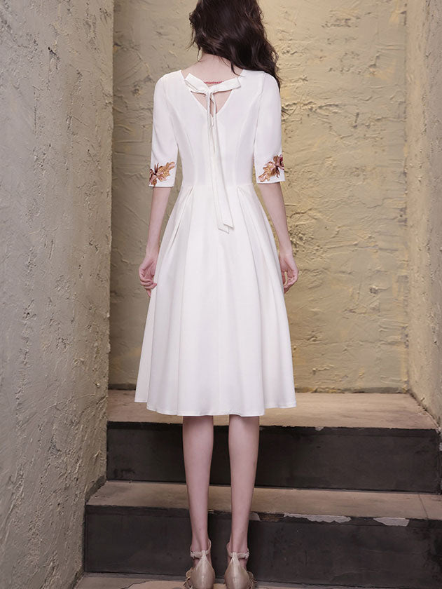 White Appliques Fit & Flare V Neck Midi Dress