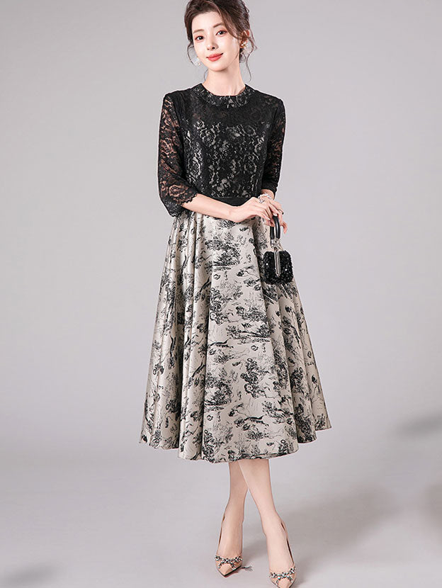 Black Print Midi  A-Line Evening Party Dress