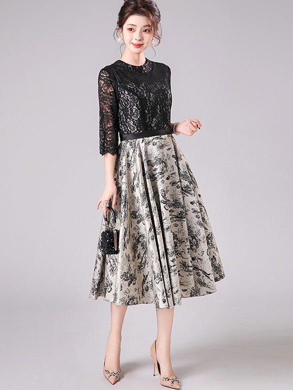 Black Print Midi  A-Line Evening Party Dress
