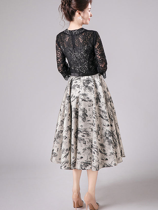 Black Print Midi  A-Line Evening Party Dress