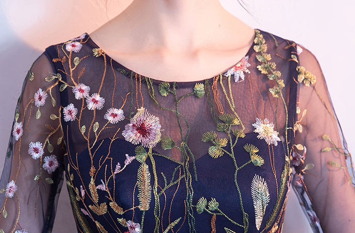 Blue Floral Midi Illusion A-Line Prom Dress