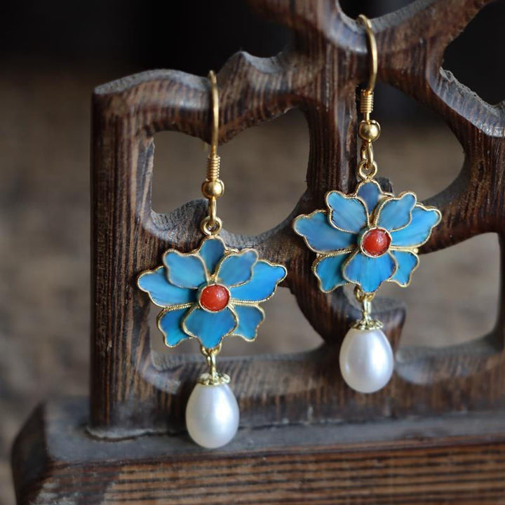 Pink Blue Vintage Pearls Lotus Drop Dangle Earrings
