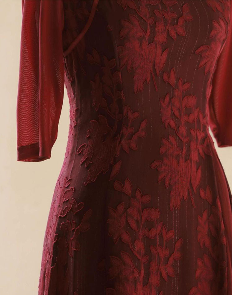 Blue Burgundy Jacquard Mothers Midi A-Line Cheongsam Qipao Dress