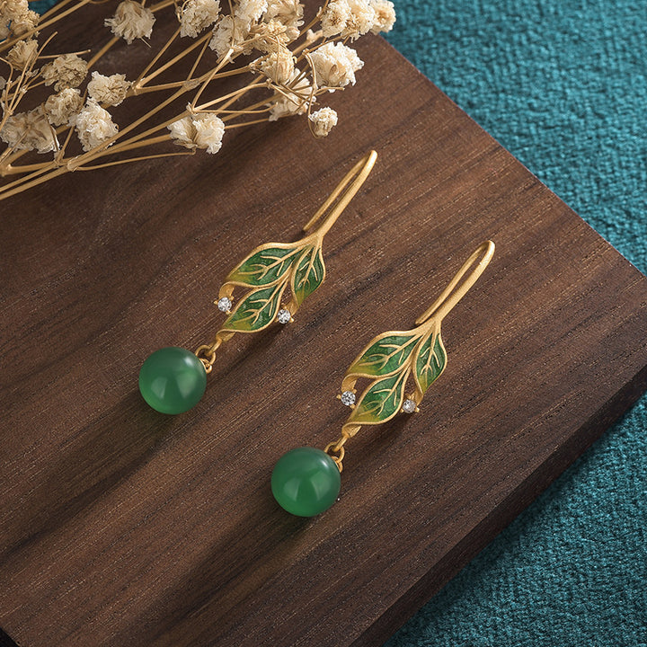 Green Leaf Jade Drop Dangle Earrings
