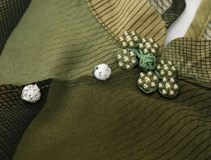 Green Blue Mothers Lotus Print A-Line Qipao Cheongsam Dress