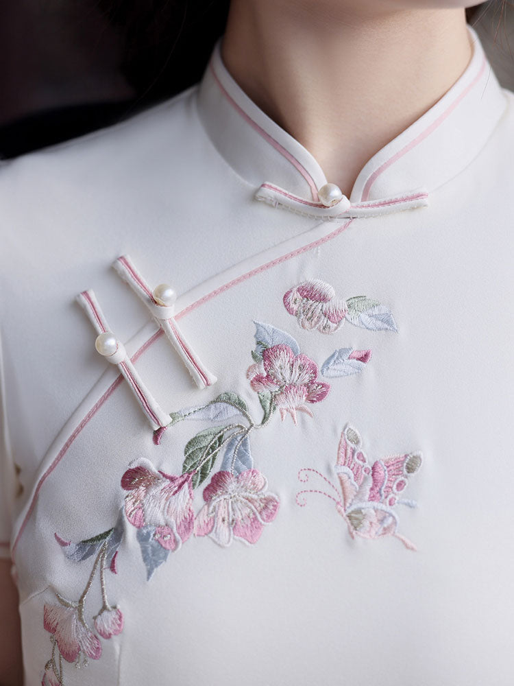 White Embroidered Floral Midi Cheongsam Qipao Dress