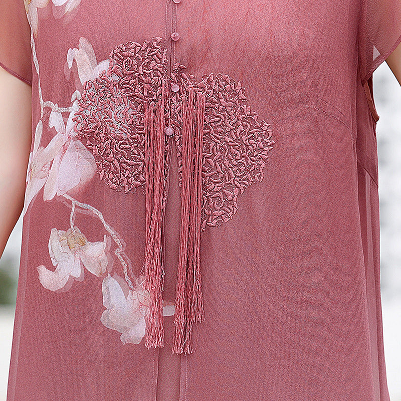 Blue Pink Floral Mothers A-Line Qipao Cheongsam Dress