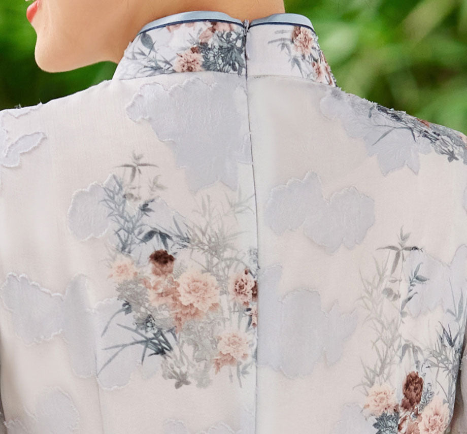 Pink Blue Floral Print AoDai A-Line Cheongsam Dress