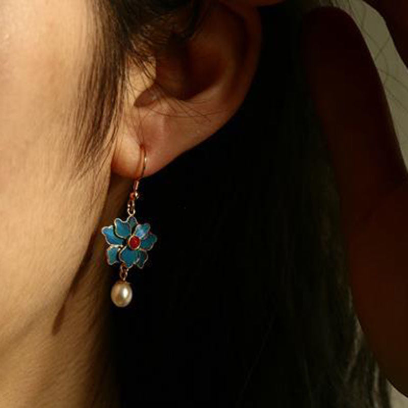 Pink Blue Vintage Pearls Lotus Drop Dangle Earrings