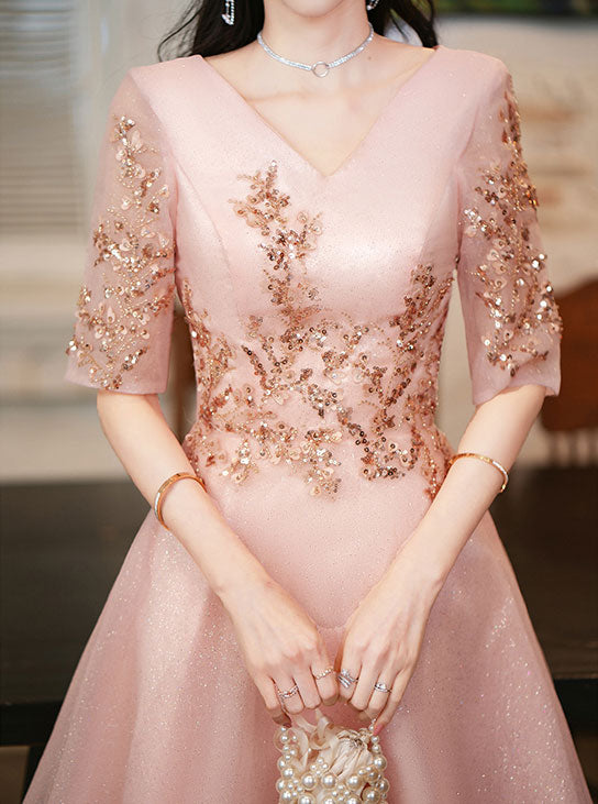 Pink Shimmery A-Line Tulle Evening Party Dress
