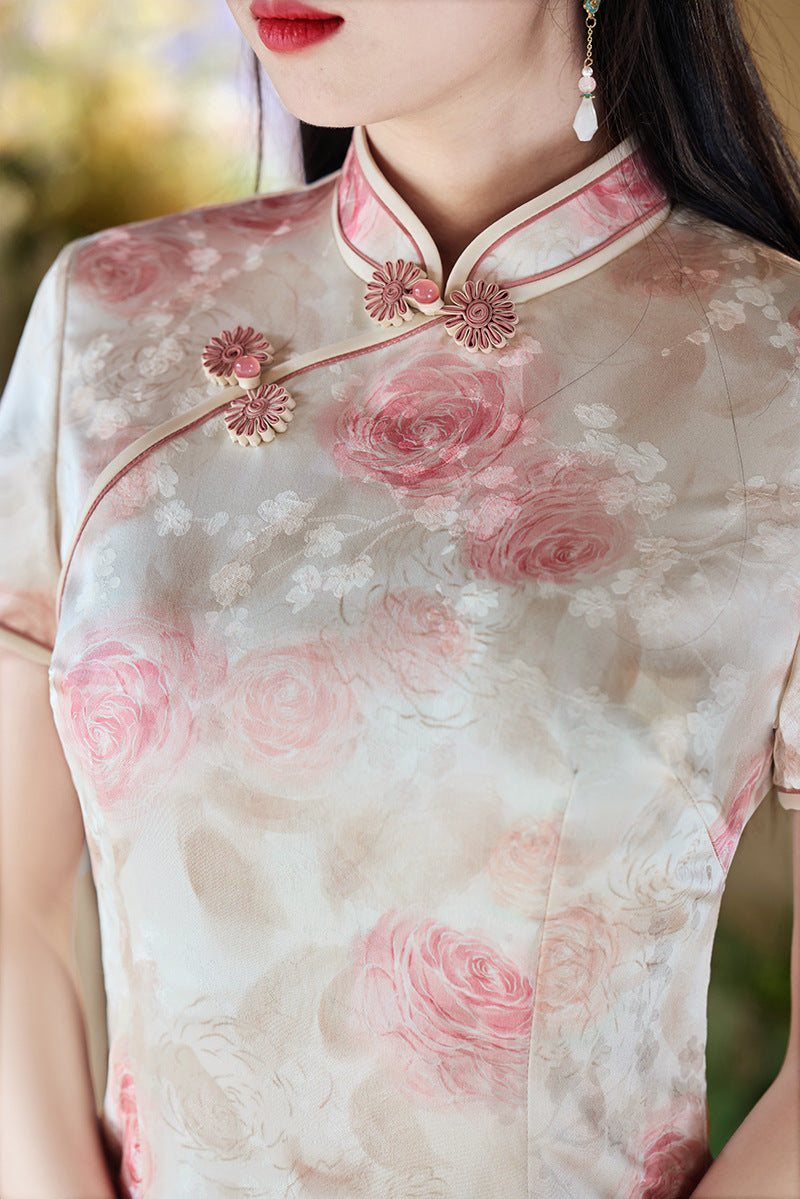Floral Print Midi Cheongsam Qipao Dress