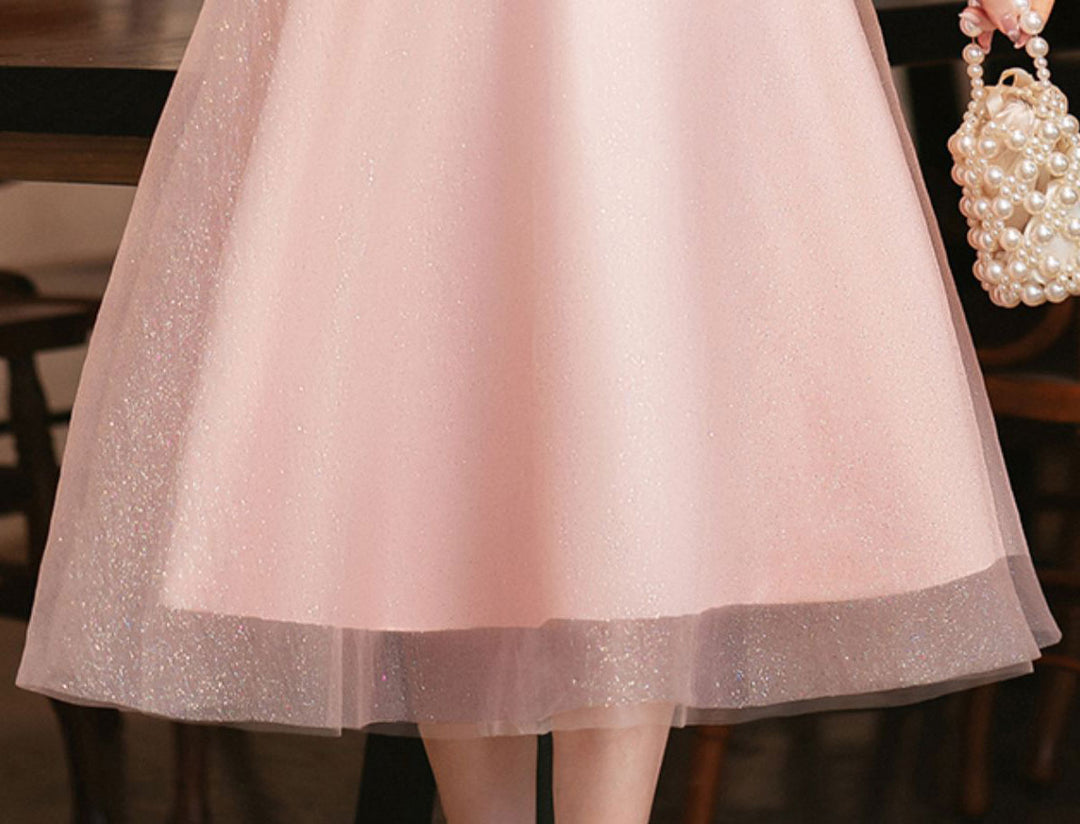 Pink Shimmery A-Line Tulle Evening Party Dress