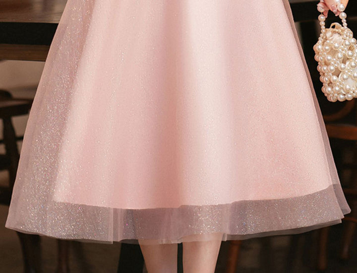 Pink Shimmery A-Line Tulle Evening Party Dress
