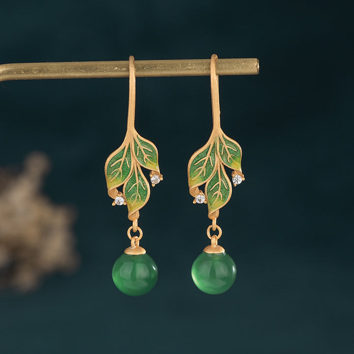 Green Leaf Jade Drop Dangle Earrings