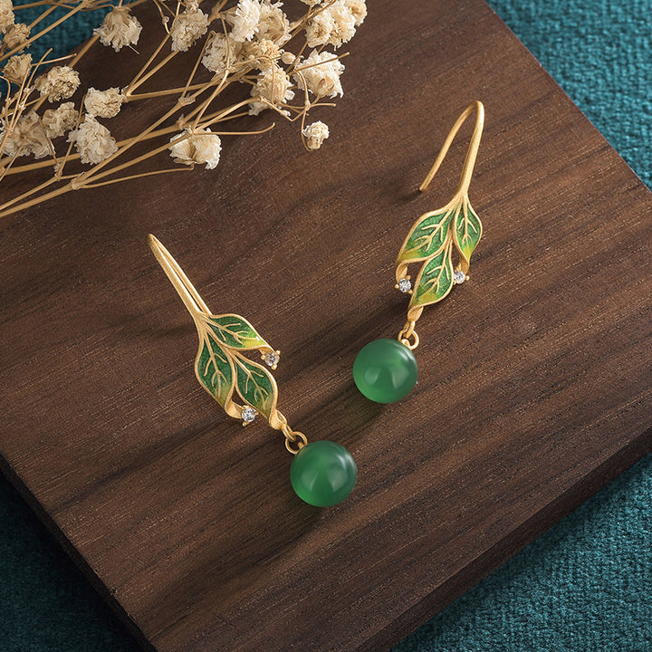 Green Leaf Jade Drop Dangle Earrings