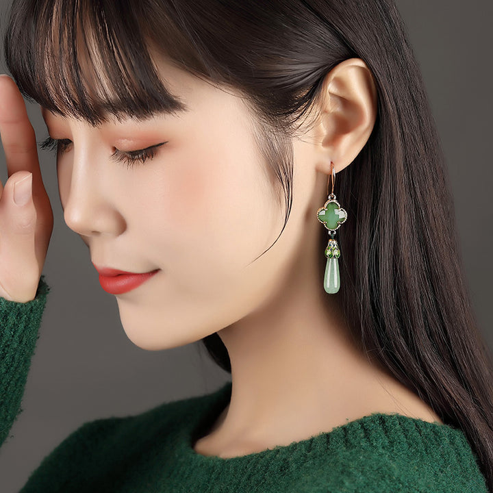 Green Jade Drop Dangle Clip On Earrings