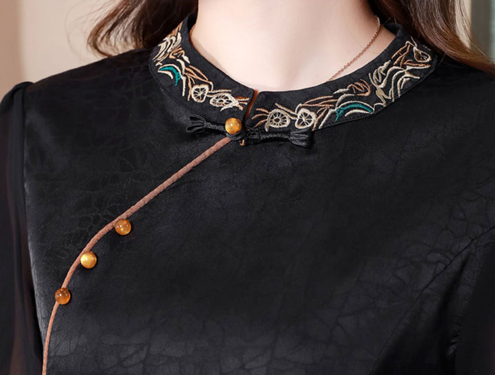 Black Embroidered High Waist Cheongsam Blouse Top