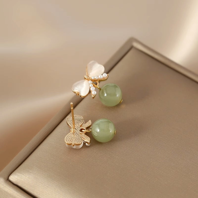 Glaze Jade Pearls Bow Dangle Earrings