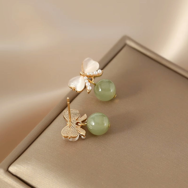 Glaze Jade Pearls Bow Dangle Earrings