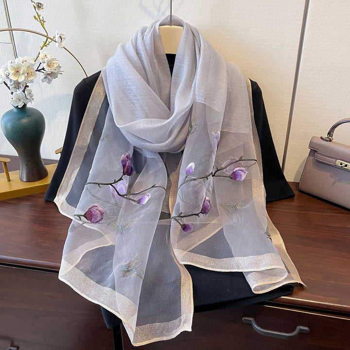 Embroidered Magnolia Floral Mulberry Silk Women Scarf Shawl