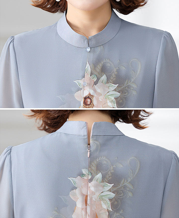 Green Blue Floral Mothers A-Line Qipao Cheongsam Dress