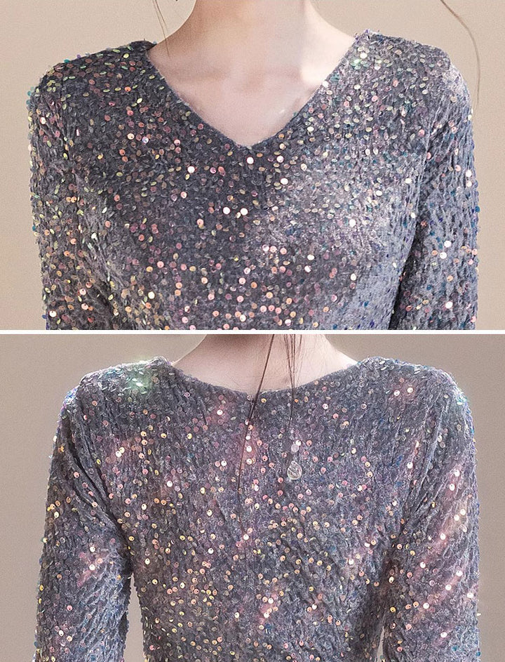 Sequined Gray A-Line Maxi Evening Prom Dress