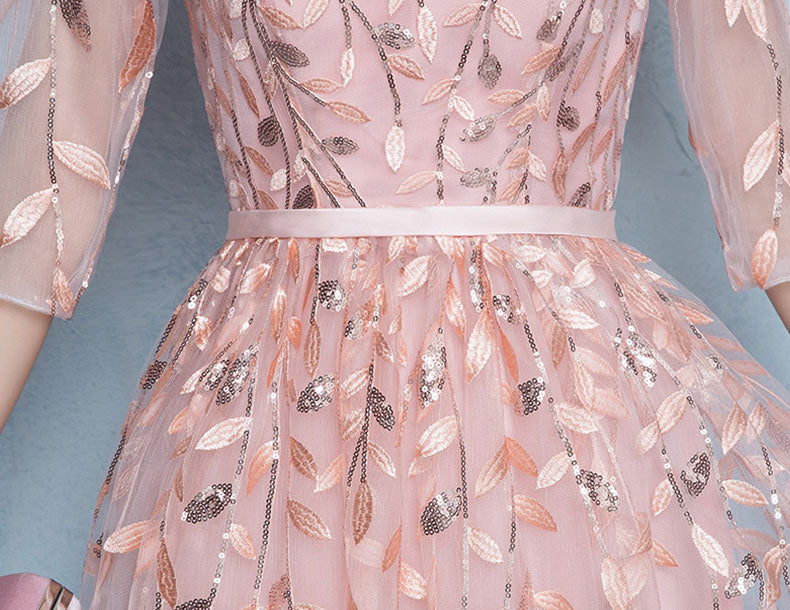 Sequined Leaf Vine A-Line Full Length Prom Evening Dress