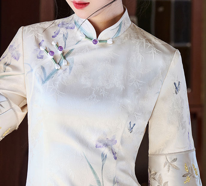 Jacquard Floral Bell Sleeve Cheongsam Qipao Dress