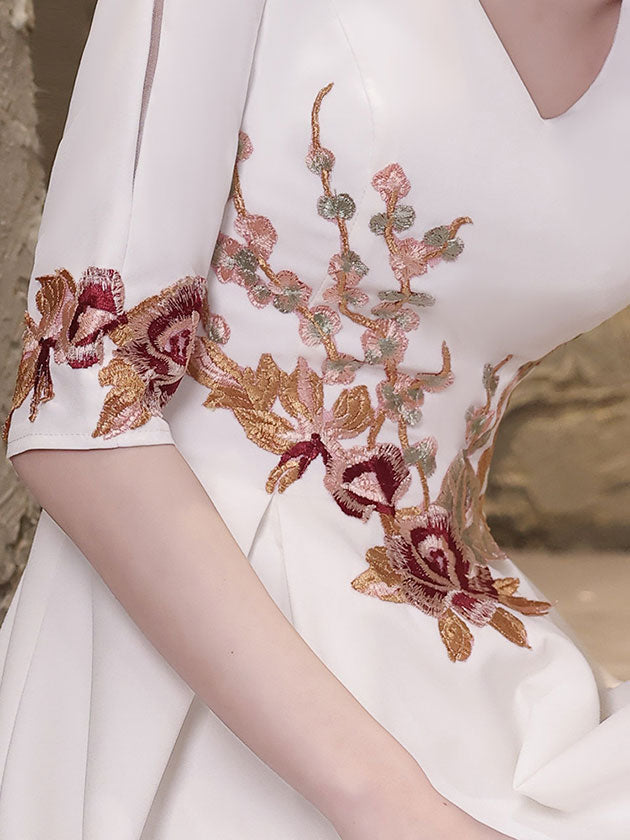 White Appliques Fit & Flare V Neck Midi Dress