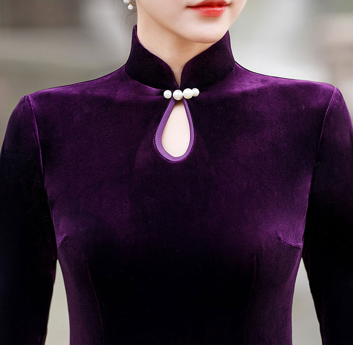 Velvet Red Purple Thigh Split Fishtail Qipao Cheongsam Dress