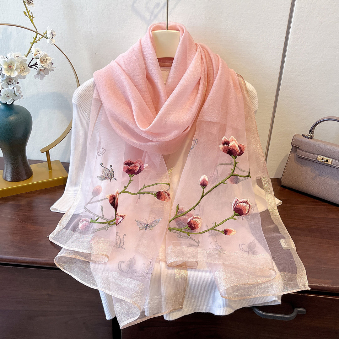 Embroidered Magnolia Floral Mulberry Silk Women Scarf Shawl