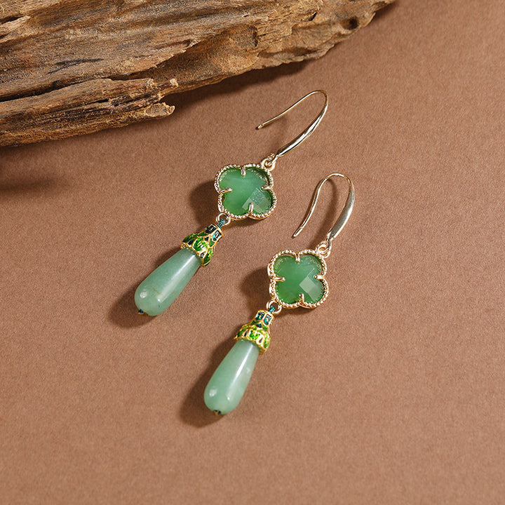 Green Jade Drop Dangle Clip On Earrings