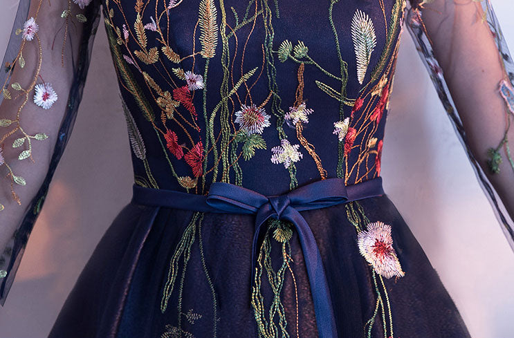 Blue Floral Midi Illusion A-Line Prom Dress