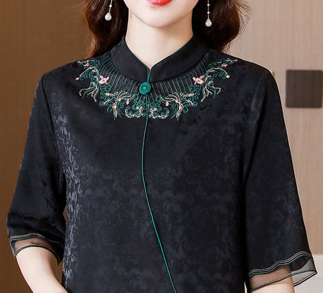 Black Embroidered Mothers Cheongsam Blouse Top