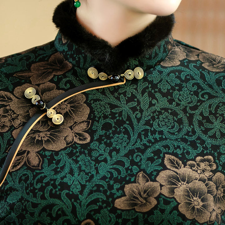 Mothers Floral Fleece Lined Winter Cheongsam Blouse Top