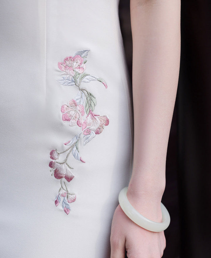White Embroidered Floral Midi Cheongsam Qipao Dress