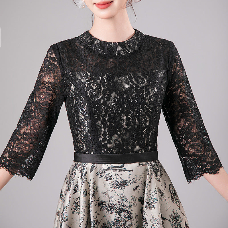 Black Print Midi  A-Line Evening Party Dress