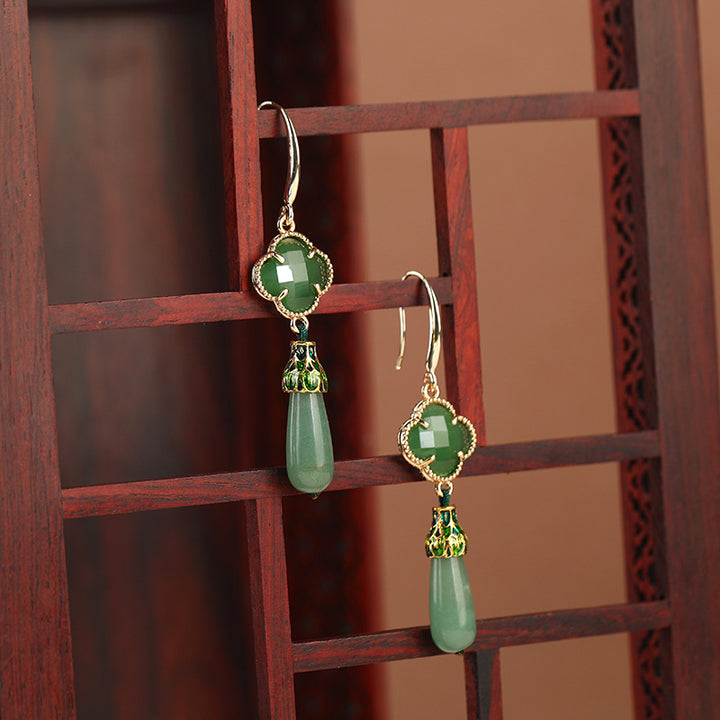 Green Jade Drop Dangle Clip On Earrings