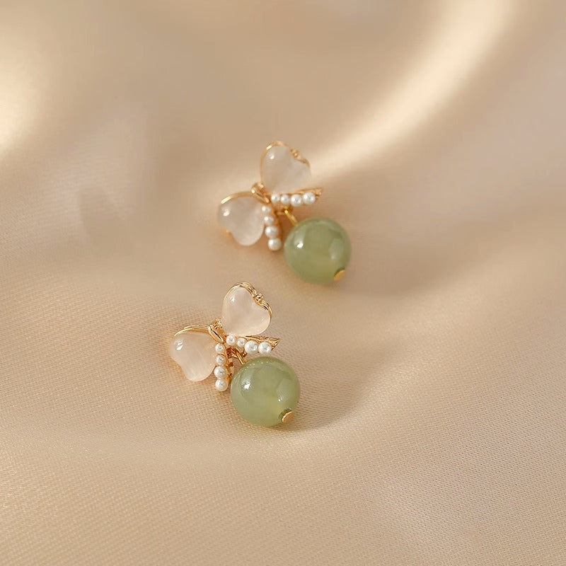 Glaze Jade Pearls Bow Dangle Earrings