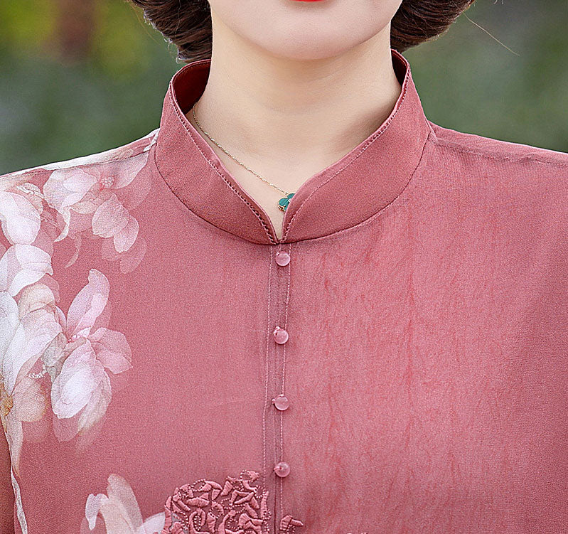 Blue Pink Floral Mothers A-Line Qipao Cheongsam Dress