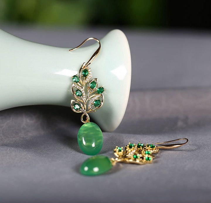 Vintage Green Agate Crystal Drop Dangle Earrings